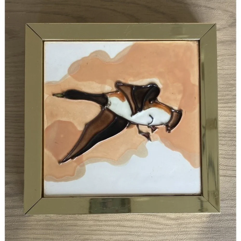 Vintage Framed Tile Duck Orange Brown White Goldtone Frame